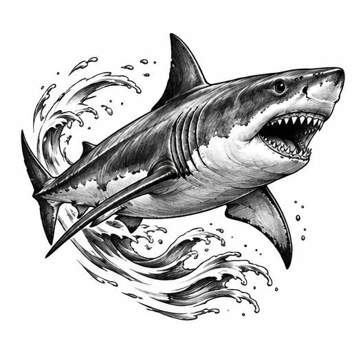 Black and gray shark tattoo design with splashing water