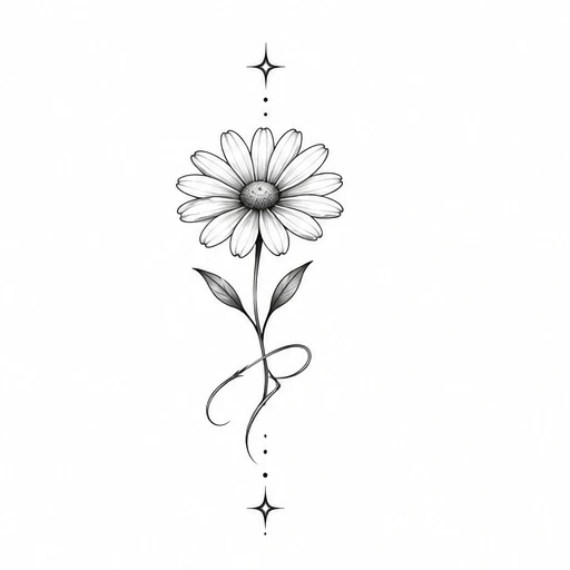 Fine line tattoo of a daisy with leaves, swirling stem, dots, and star accents on white background