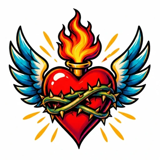 Bright red heart with flames on top, green thorns wrapped around, blue wings on sides with yellow accents