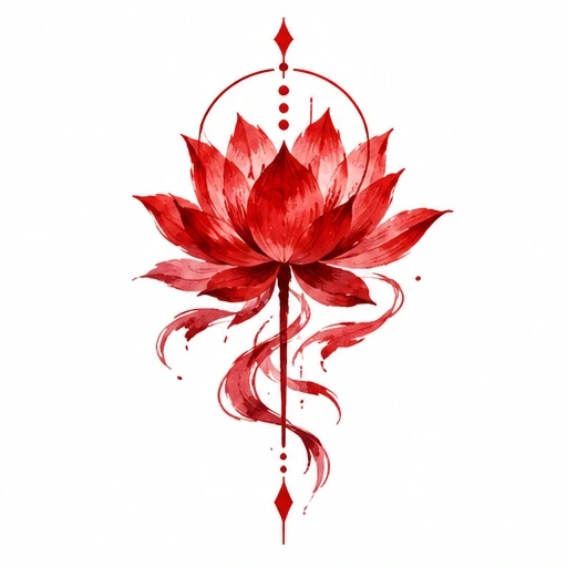 Red lotus flower tattoo design with geometric and flowing ribbon accents