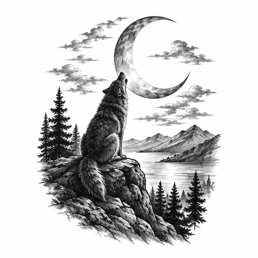Black ink tattoo of a wolf howling at a crescent moon with mountains and trees in the background.