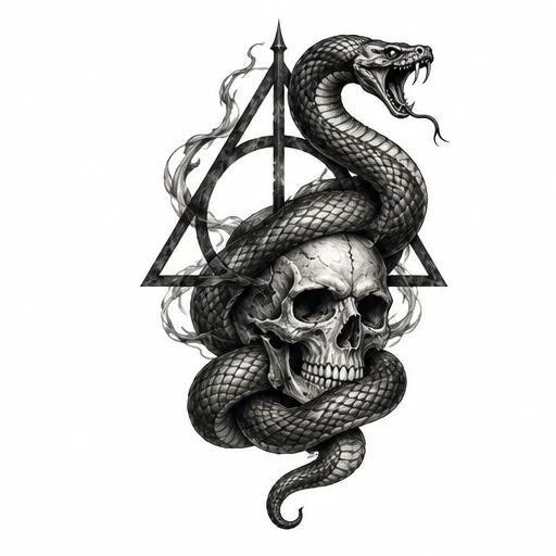Tattoo art of realistic skull wrapped by snake with open mouth in front of Deathly Hallows symbol with smoke