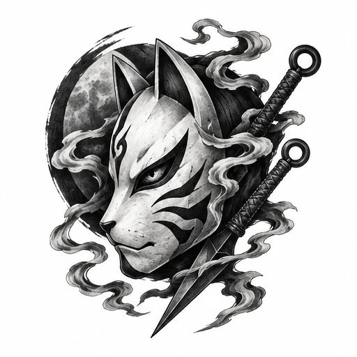Black and grey tattoo design of a fox kitsune mask with tribal markings, two kunai blades crossed behind, surrounded by smoke and a moon-like circle background.