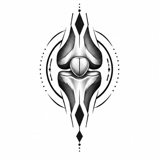 Black and gray abstract knee tattoo design with geometric shapes and dots