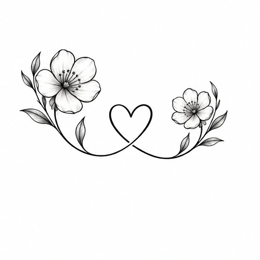 Fine line tattoo of two flowers connected by a heart-shaped curved line with leaves