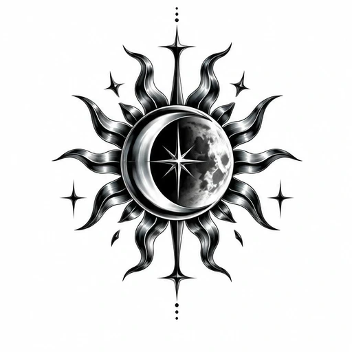 Chrome style tattoo design of crescent moon and detailed moon surface with shining sun flames and star accents.