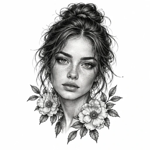 Black and gray realistic portrait of a freckled young woman with flowers and leaves around her neck, hair in a messy bun.