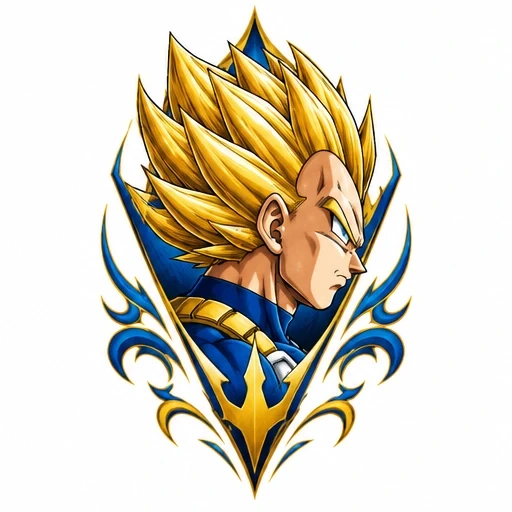 Vegeta Super Saiyan profile with golden hair and blue armor framed by decorative golden and blue tribal shapes