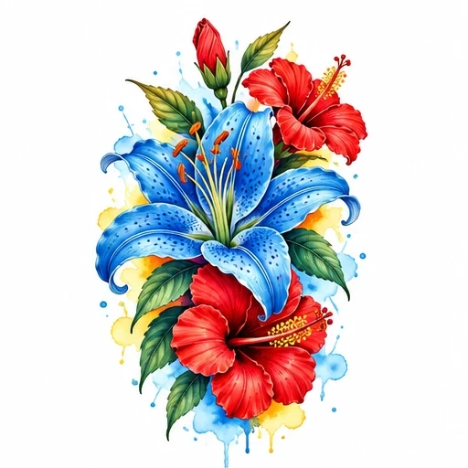 Blue lily and red hibiscus flowers tattoo with green leaves and watercolor splash background