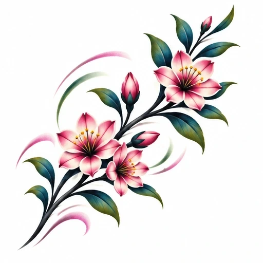 Airbrushed tattoo design of pink lily flowers and buds with green leaves on a branch