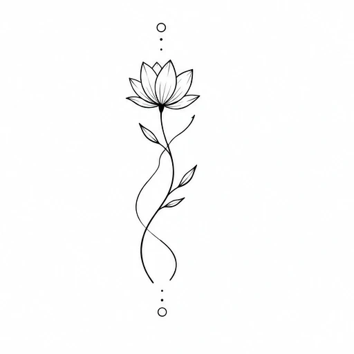 Minimalist black line lotus flower tattoo with winding stem, three leaves, and symmetrical dots and circles.