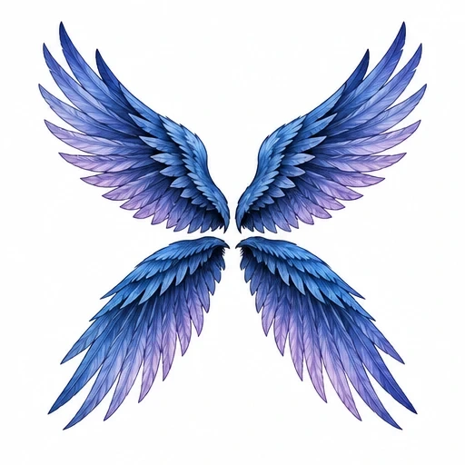 Set of four intricately feathered wings in blue and purple gradient arranged symmetrically on white background