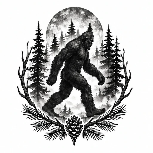 Black and white Bigfoot walking silhouette with pine trees, full moon backdrop, antlers, and pine cone frame