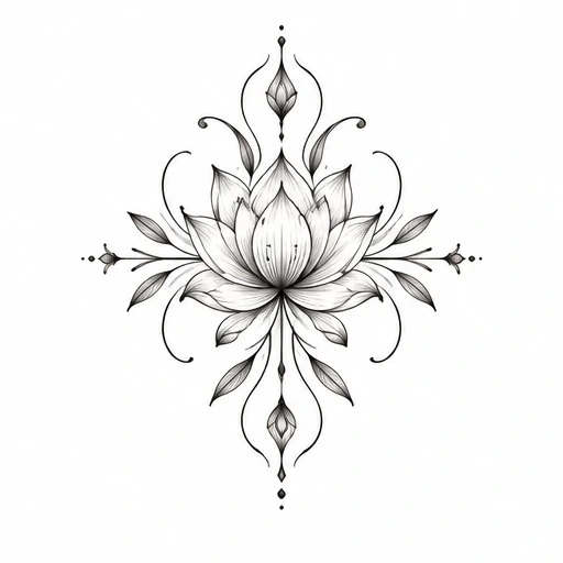 Black and gray lotus tattoo with symmetrical leaves and decorative curved lines
