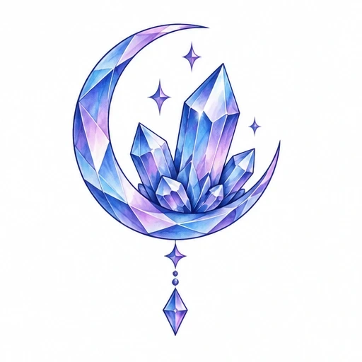 Tattoo design of a crescent moon cradling blue and purple crystals, with small stars and a hanging crystal pendant below.