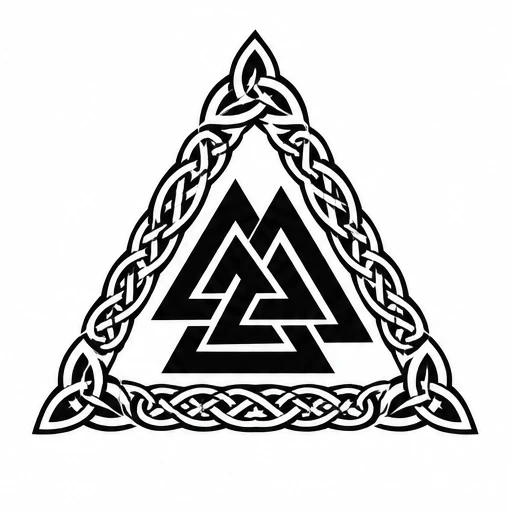 Black Valknut symbol of three interlocking triangles inside a decorative triangular Celtic knotwork frame