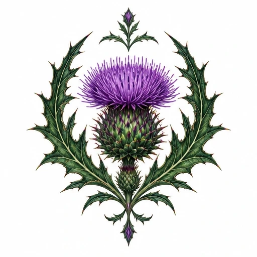 Detailed illustration of a purple thistle flower with sharp green leaves and decorative accents.