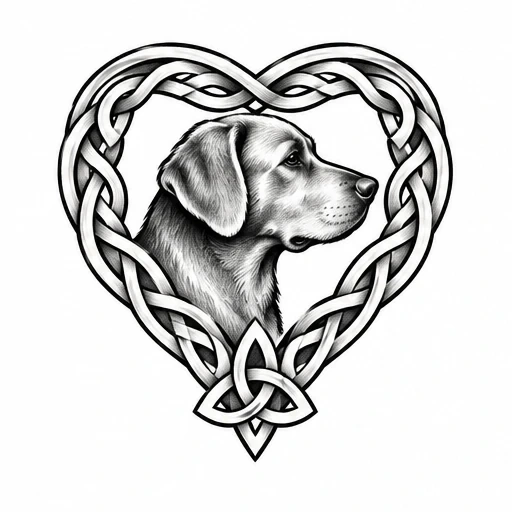 Black and grey dog portrait inside a heart-shaped Celtic knot tattoo design