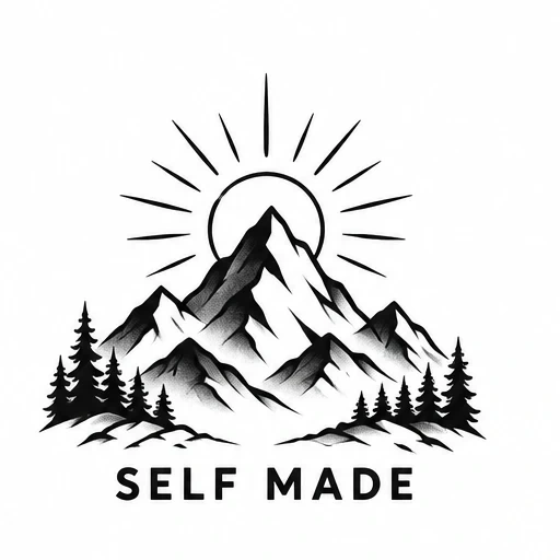 Black and white tattoo artwork of mountains with sunburst and pine trees above the words 'SELF MADE'