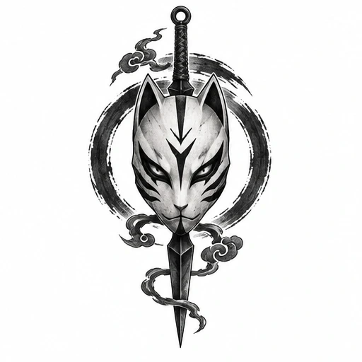Black and gray kitsune fox mask tattoo with sword, ink circle, and smoke elements.