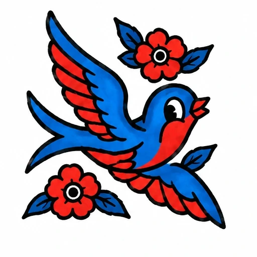 Tattoo design of a blue and red bird in flight with two red flowers and blue leaves, outlined in black.