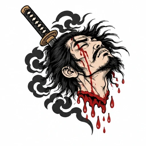 Severed samurai head tattoo with katana handle through hair, black smoke, and blood drops.