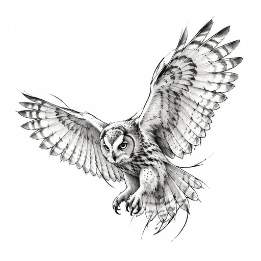 Black and grey detailed owl tattoo design with wings spread and talons extended
