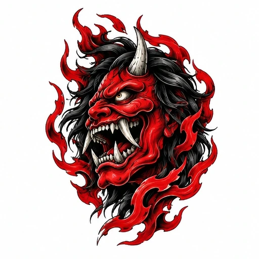 Red Japanese Oni demon head with white horns, sharp teeth, black hair, and red flames around it.