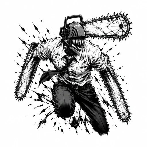 Black and white tattoo art of a humanoid figure jumping with chainsaw arms and chainsaw blade face visor, wearing collared shirt and tie.