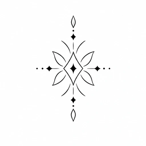 Minimalist geometric tattoo with central diamond, leaves, dots and small diamonds in black linework