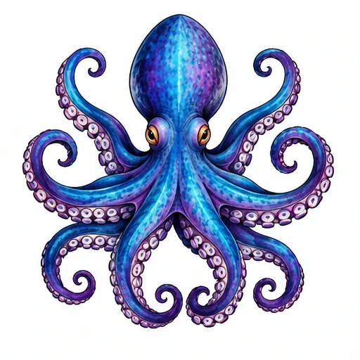 Illustration of a blue and purple octopus with curled tentacles and detailed eyes