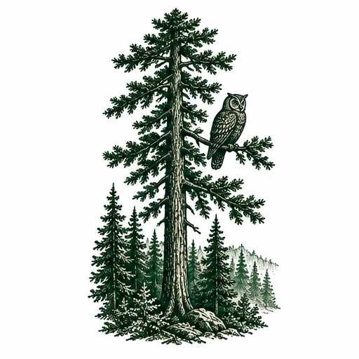 Detailed monochromatic tattoo of pine trees with an owl perched on a branch in a forest scene