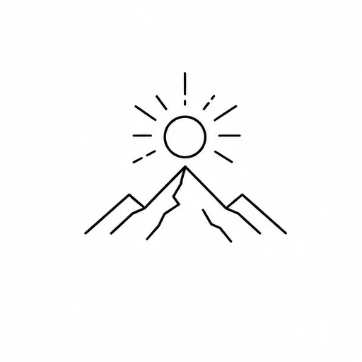 Minimalist black line tattoo design of three mountain peaks with a radiant sun above