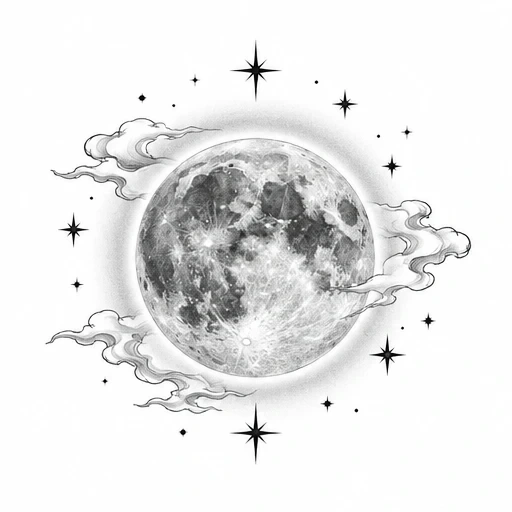 Black and white detailed illustration of a full moon with surrounding clouds and scattered stars