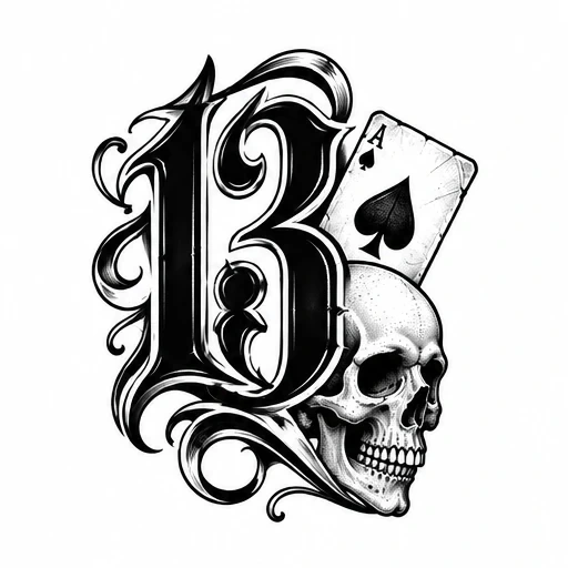 Black and white gothic number 13 with swirling details, a realistic skull, and an Ace of Spades card tattoo design