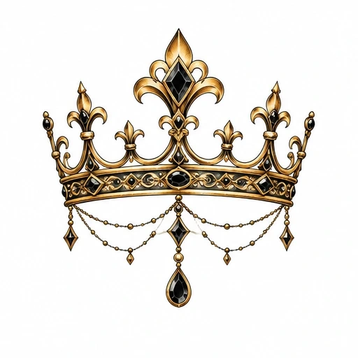 Golden crown tattoo design with black gemstones and dangling chains