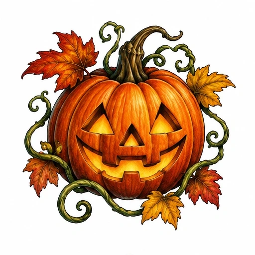 Glowing carved pumpkin with orange and yellow fall leaves and green curling vines