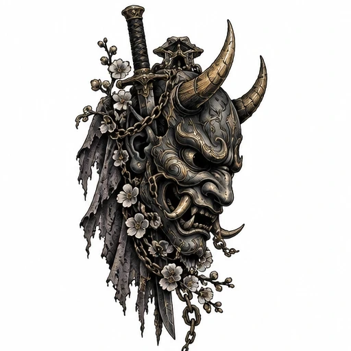 Oni mask with horns, chained to a katana sword, decorated with cherry blossoms and tattered cloth