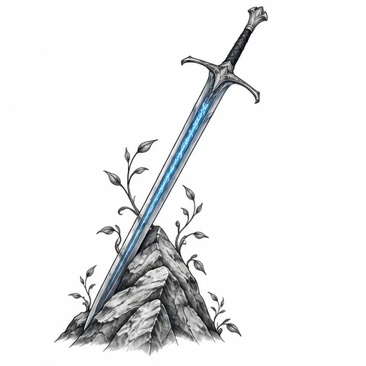 Sword resembling Narsil embedded in rocks with glowing blue blade and vines growing around