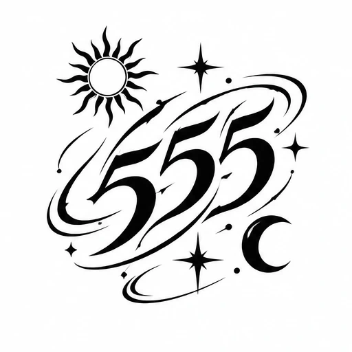 Tattoo design of number 555 with sun, moon, stars, and swirling rings in black ink