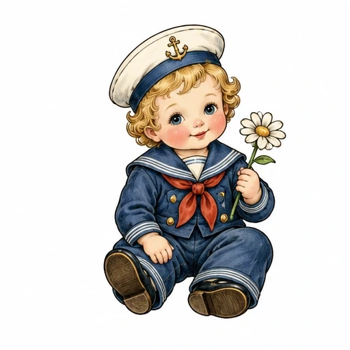 Classic cherub doll tattoo in navy sailor outfit holding a daisy flower