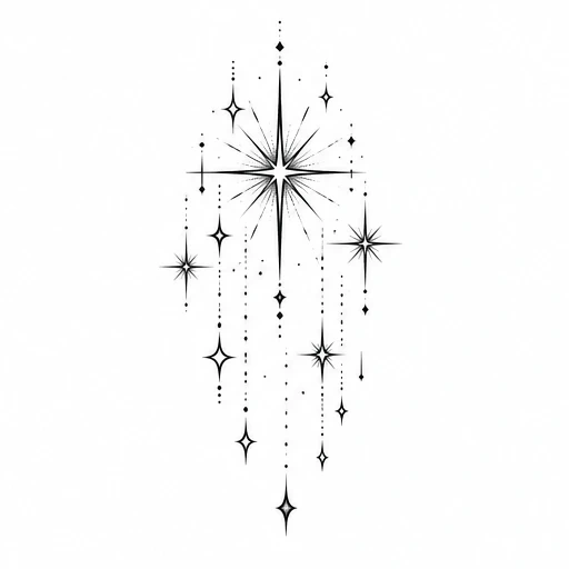 Black ink tattoo design of a large star with rays surrounded by smaller stars and dotted lines hanging downward.
