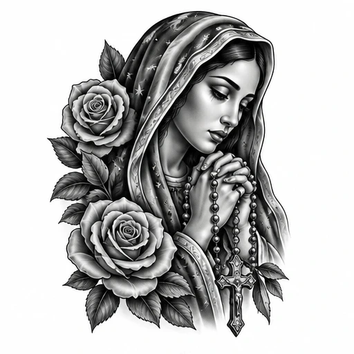 Black and grey tattoo of a praying woman with rosary and two roses, detailed shading and soft expression.