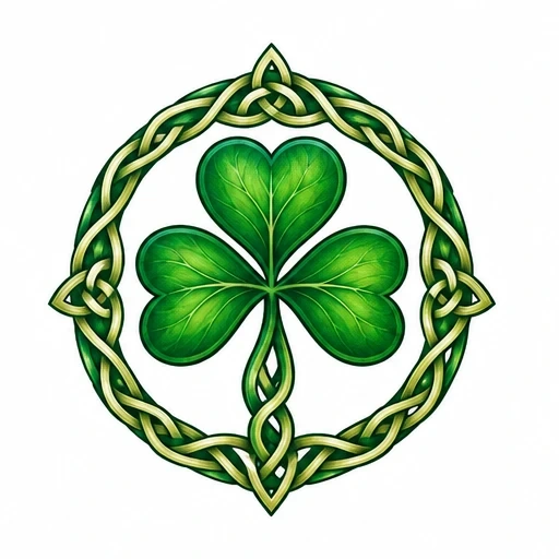 Green shamrock with detailed veins surrounded by an intricate Celtic knot circle.