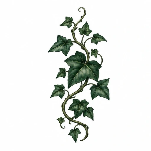 Detailed ivy vine tattoo design with dark green leaves and twisting stem