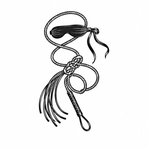 Black whip with multiple lashes and a tied blindfold with flowing ribbons in blackwork tattoo style