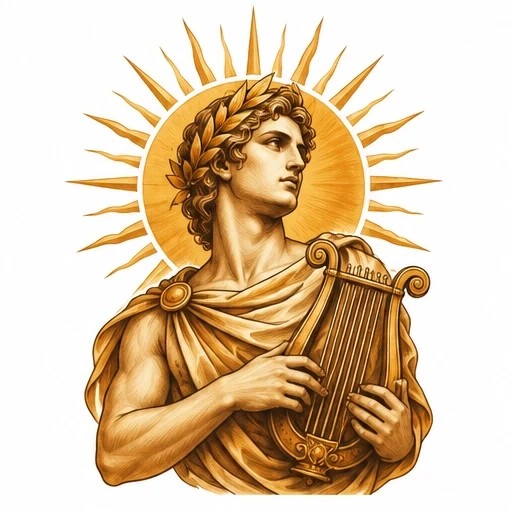 Apollo tattoo holding lyre with laurel wreath and radiant sun halo