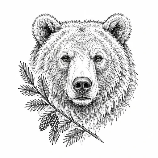 Black and grey tattoo of a bear head with a pine branch and cones.