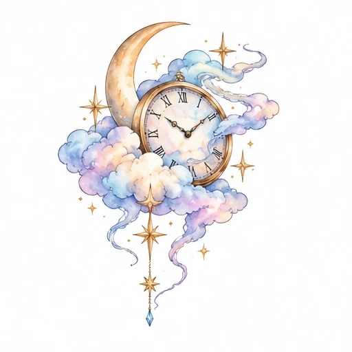 Watercolor tattoo design of crescent moon and vintage clock among pastel clouds and golden stars