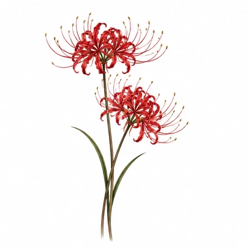 Two red spider lily flowers with thin, curling petals and yellow-tipped stamens, on green stems with narrow leaves against a white background.